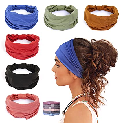 Photo 1 of GiLi 6 Pack Wide Headbands for Women Non Slip Soft Elastic Hair Bands Yoga Running Sports Workout Gym Head Wraps , Knotted Cotton Cloth African Turbans Bandana ( with 6 Pcs Hair Ties)
