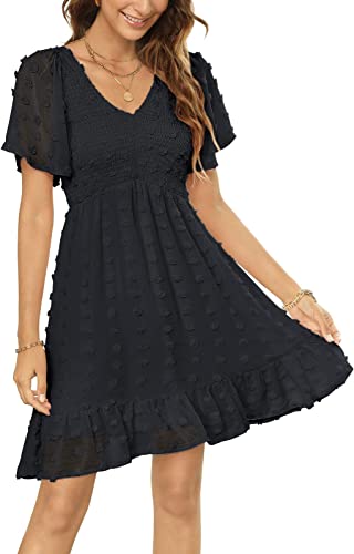 Photo 1 of SIZE SMALL-Zattcas Womens Smocked Flutter Sleeve V Neck Ruffle Mini Swiss Dot Babydoll Dress
