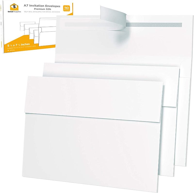 Photo 1 of 5x7 Envelopes for Invitations - 110 White Envelopes for 5x7 Cards - A7 - (5 ¼ x 7 ¼ inches) - Perfect for Weddings, Graduation, Baby Shower - 120 GSM - Peel, Press & Self Seal - Square Flap
