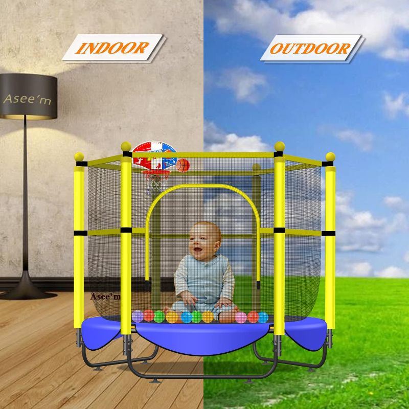 Photo 1 of Asee'm 60" Trampoline for Kids with Net - 5 FT Indoor Outdoor Toddler Trampoline with Safety Enclosure for Fun, Toddler Baby Small Trampoline Birthday Gifts for Kids, Gifts for Boy and Girl, Age 1-8
