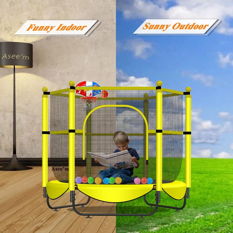 Photo 1 of Asee'm 60" Trampoline for Kids with Net - 5 FT Indoor Outdoor Toddler Trampoline with Safety Enclosure for Fun, Toddler Baby Small Trampoline Birthday Gifts for Kids, Gifts for Boy and Girl, Age 1-8
