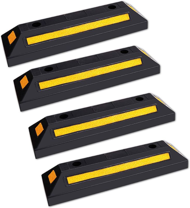 Photo 1 of 4 Pack Heavy Duty Rubber Parking Block Parking Curb - Wheel Stop Stoppers with Scatter Glass Reflective Yellow Targets for Car Garage Floor Stops and Truck RV Stop Aid Indoor Outdoor