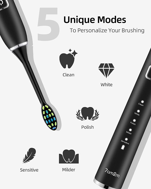 Photo 2 of 7am2m Sonic Electric Toothbrush for Adults and Kids, with 8 Brush Heads &Travel Case, Wireless Fast Charge, 5 Modes with 2 Minutes Build in Smart Timer, IPX7 Waterproof (Black)