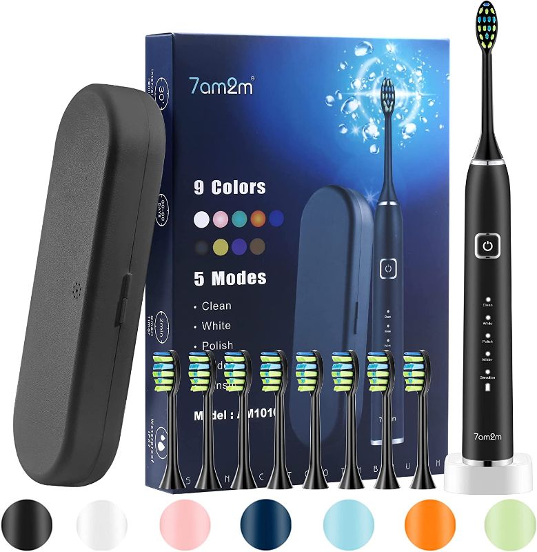 Photo 1 of 7am2m Sonic Electric Toothbrush for Adults and Kids, with 8 Brush Heads &Travel Case, Wireless Fast Charge, 5 Modes with 2 Minutes Build in Smart Timer, IPX7 Waterproof (Black)