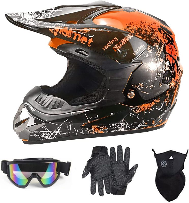 Photo 1 of [Size XL] Off-Road DOT Bike Motorcycle Helmet ATV Helmet Unisex DOT Approved [Orange]-(Gloves Goggles Face Shield) 4Pcs Set