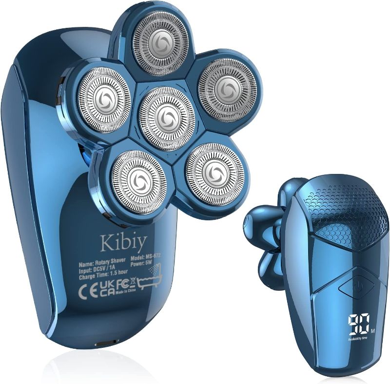 Photo 1 of Kibiy Head Shaver for Men, Upgrade 5-in-1 Mens Electric Shaver, Waterproof Rotary Shaver Grooming Kit, LED Display, Type-C Charge (Blue)