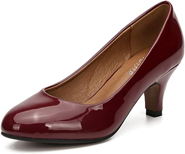 Photo 1 of [Size 9.5LIURUIJIA Women's Round Toe Pumps Kitten Low Heel [Wine Red Patent]