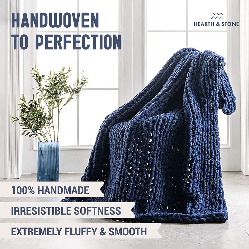 Photo 2 of Chunky Knit Blanket Throw - 50"x60" 3.7 lbs. - Soft Chenille Yarn Knitted Blanket - Machine Washable [Navy Blue]