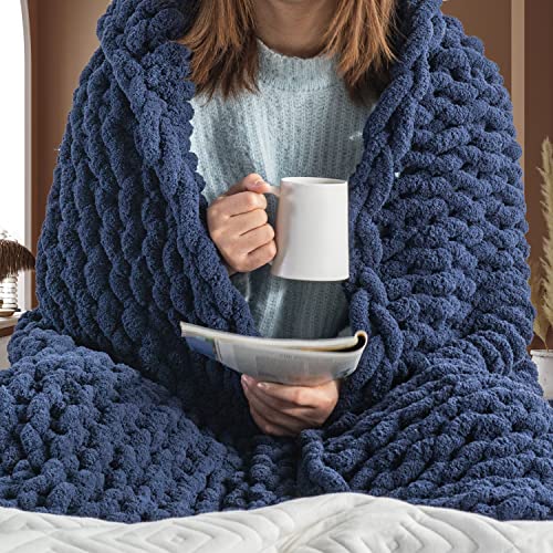 Photo 1 of Chunky Knit Blanket Throw - 50"x60" 3.7 lbs. - Soft Chenille Yarn Knitted Blanket - Machine Washable [Navy Blue]