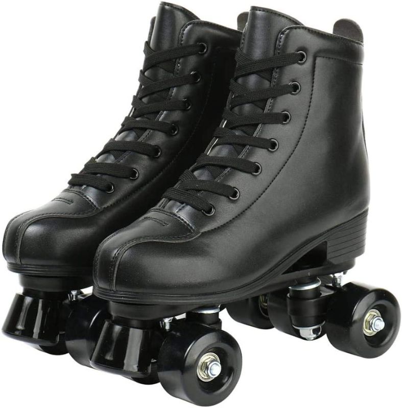 Photo 1 of [Size 7.5] Women's Roller Skates Classic Leather High Top Double Row Skates Four-Wheel [Black]