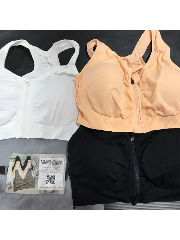 Photo 3 of [Size XXL] 3 Pack of Zip Closure Sports Bras [Tan, White, Black]