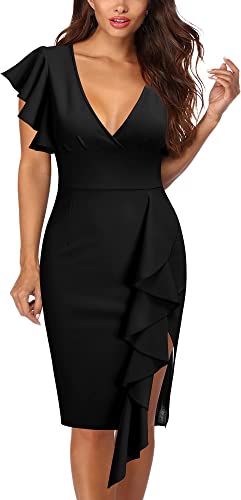 Photo 1 of [Size XL] Knitee Women's Deep-V Neck Ruffle Sleeves Cocktail Party Pencil Slit Formal Dress