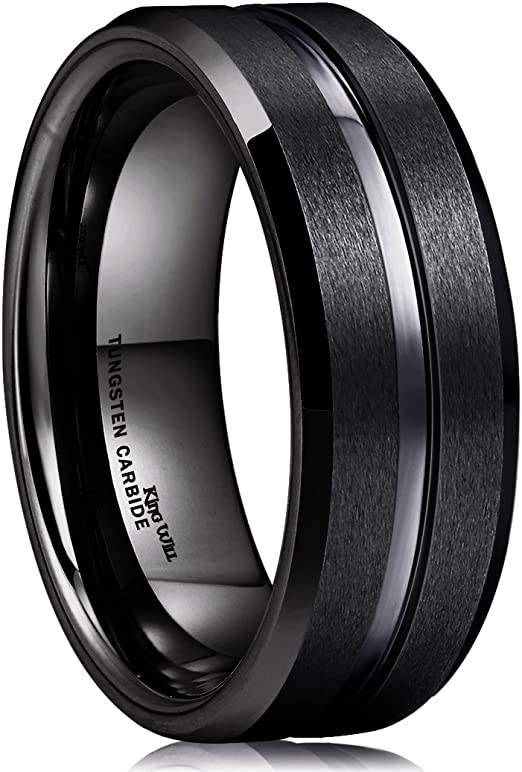 Photo 2 of King Will Classic 8mm Tungsten Carbide Wedding Band Ring for Men Grooved Center Comfort Fit [Black]