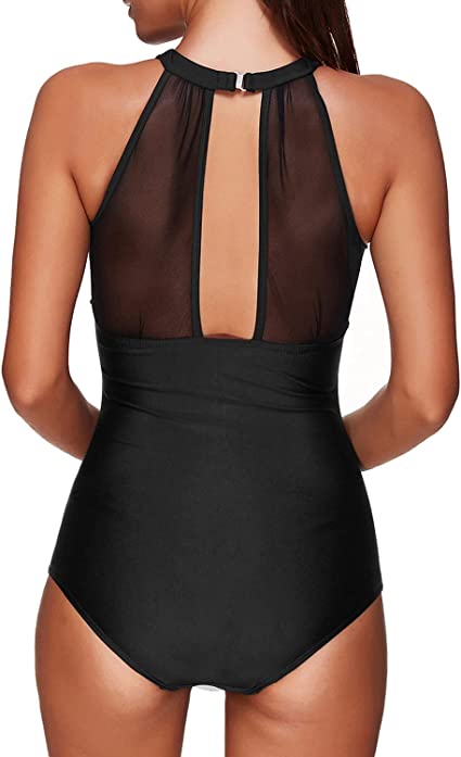 Photo 2 of [Size 18W] Tempt Me Women One Piece Swimsuit High Neck Plunge Mesh Ruched Monokini Swimwear [Black]