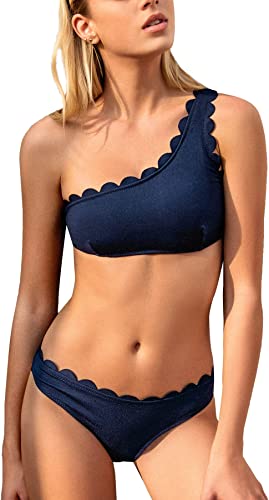 Photo 1 of [Size L] SouqFone Women's Solid Wavy Edge One-Shoulder Bikini Set Rain of Petals [Navy Blue]