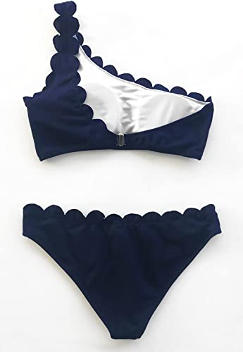 Photo 2 of [Size L] SouqFone Women's Solid Wavy Edge One-Shoulder Bikini Set Rain of Petals [Navy Blue]