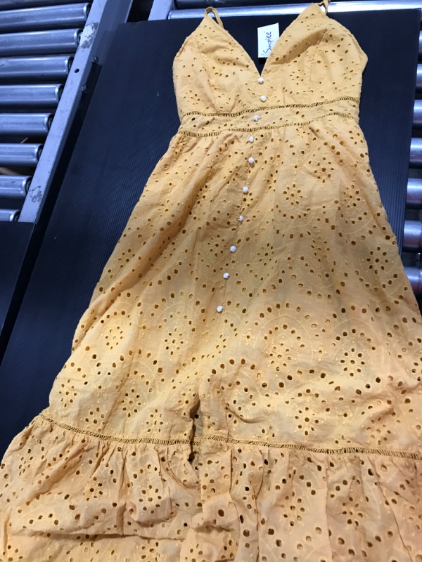 Photo 3 of [Size M] BerryGo Women's Embroidery Pearl Button Down Dress V Neck Spaghetti Strap Maxi Dress [Yellow]
