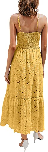 Photo 2 of [Size M] BerryGo Women's Embroidery Pearl Button Down Dress V Neck Spaghetti Strap Maxi Dress [Yellow]
