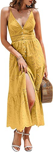 Photo 1 of [Size M] BerryGo Women's Embroidery Pearl Button Down Dress V Neck Spaghetti Strap Maxi Dress [Yellow]
