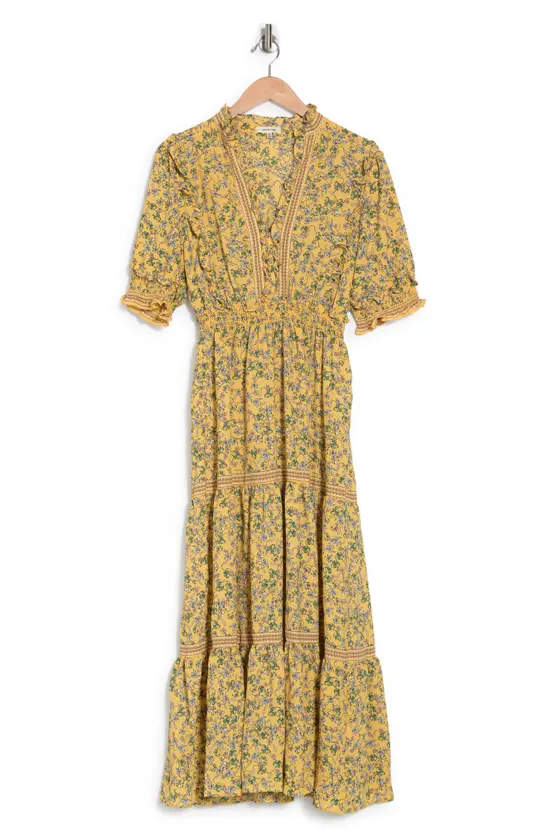 Photo 1 of [Size M] Max Studio Ruffle Collar Print Tiered Maxi Dress -Yellow Lily Fields
