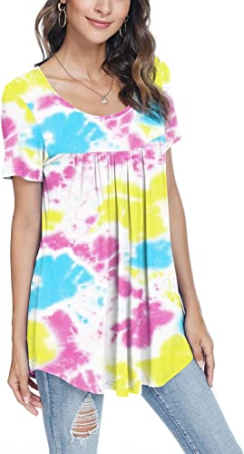 Photo 1 of [Size Xl] LONGYUAN Women Tops Hide Belly Tunic 2022 Short Sleeve Dressy Casual Blouse Flowy [Light MultiColor]