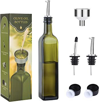 Photo 1 of AOZITA 17oz Glass Olive Oil Bottle Dispenser - 500ml Green Oil and Vinegar Cruet with Pourers and Funnel - Olive Oil Carafe Decanter for Kitchen
