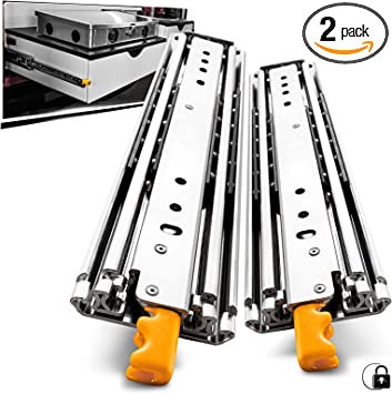 Photo 1 of AOLISHENG Heavy Duty Drawer Slides 52 Inch with Lock Full Extension Ball Bearing Locking Industrial Drawer Slides 3 Section Drawer Tracks and Runners 250 lb Load Capacity Side Mount 1 Pair
