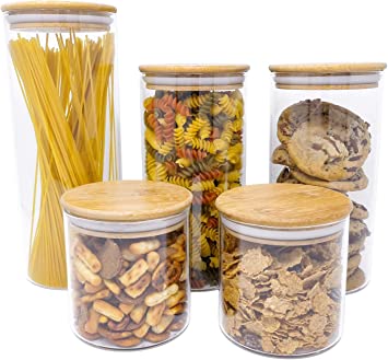 Photo 1 of 5 PC Airtight Glass Food Storage Jars Set Canister Kitchen Container With Natural Bamboo Lids 