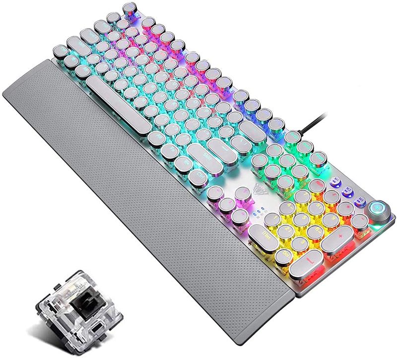 Photo 1 of Retro Steampunk Mechanical Gaming Keyboard, Metal Panel, Black Switches, LED Backlit,USB Wired,Hand Rest,Typewriter-Style Round Keycaps,for Game and Office,for Computer Laptop Desktop PC