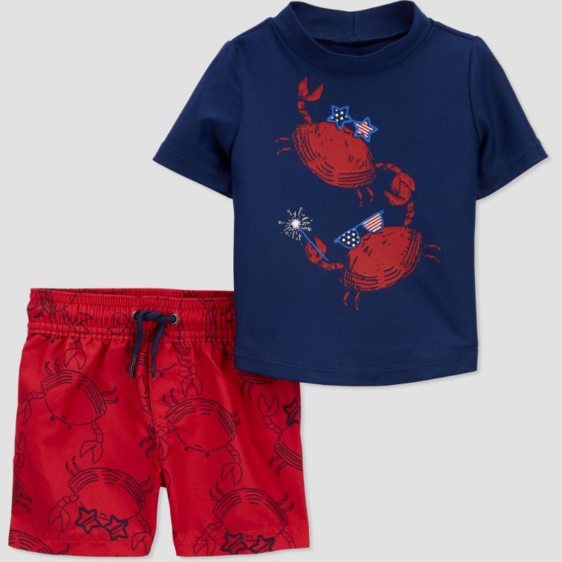 Photo 1 of 9M Carter's Just One You® Baby Boys' 2pc Short Sleeve Crab Print Rash Guard Set - Red/White/Blue
