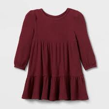 Photo 1 of 12M Toddler Girls' Tiered Cozy Waffle Long Sleeve Dress - Cat & Jack™ Burgundy

