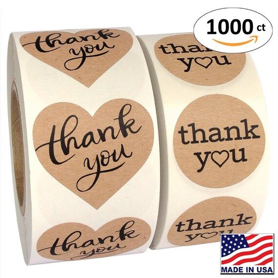 Photo 1 of 1000 Pack, Heart Love Shape Kraft Paper Thank You Adhesive Label, Complete Bundle, 1.5” Heart Shaped Stickers & 1.25" Round Adhesive Labels

