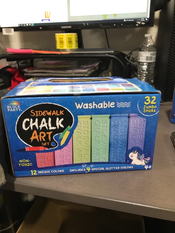 Photo 2 of Block Party Sidewalk Chalk 32-Piece Art Set - BIG BOLD Colors Includes 4 Glitter Chalk That Sparkle, Square Non-Roll Kids Chalk, Washable
