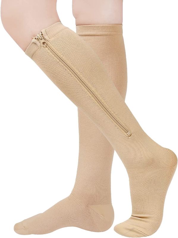 Photo 1 of 2xl Zipper Compression Socks Women & Men - 2Pairs Calf Knee High 15-20mmHg closed Toe Compression Stocking suit for Walking,Running
