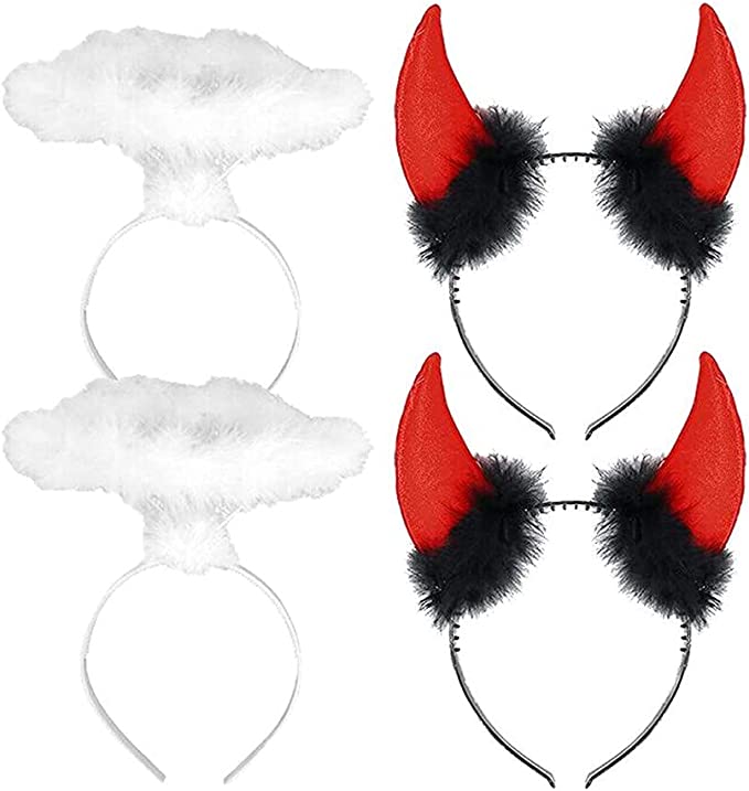 Photo 1 of Angel Halo and Devil Horns Headband Set | Angel and Devil costume Cosplay Accessory | 4PCS White Angel Red Horns hair bands Cosplay Accessories for Halloween Christmas
