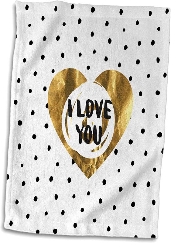 Photo 1 of 3dRose I Love You Gold Letters and Heart on White and Black Polkadot Pattern Towel, 15" x 22"
