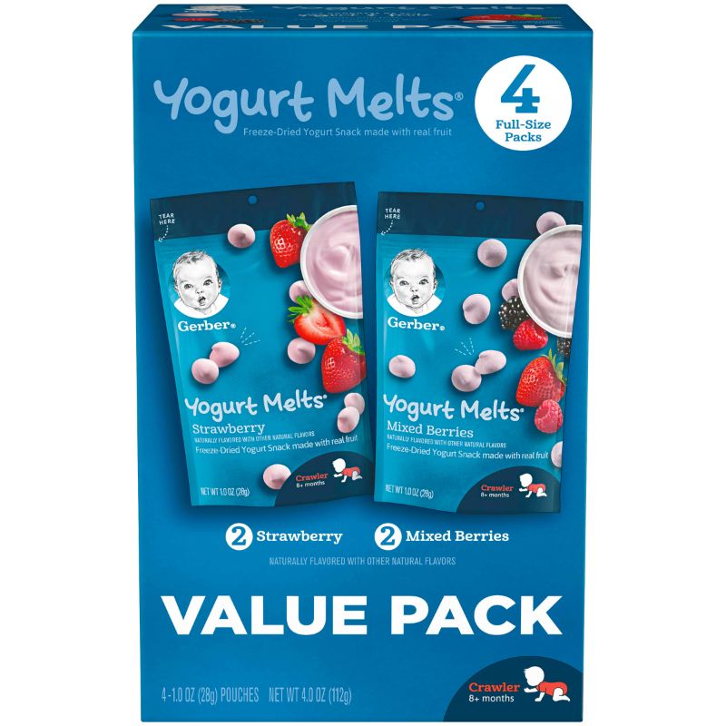 Photo 1 of Gerber Yogurt Melts 4pk Strawberry & Mixed Berries Freeze-Dried Snacks Variety Pack - 4oz BB DEC14 2022 CRAWLER 8M+

