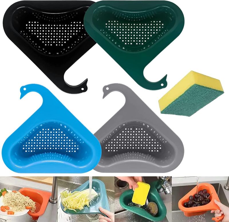 Photo 1 of 4 Pcs Kitchen Sink Drain Basket Swan Drain Rack, Kitchen Sink Strainer, Multifunctional Kitchen Triangular Sink Filter Swan Drain Basket Food Strainer for Kitchen Sink Hangs on Faucet (Mixed Color 2)
