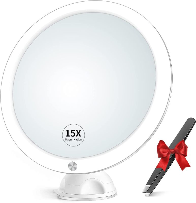 Photo 1 of 15x Magnifying Mirror with Light & Tweezers - Lighted Makeup Mirror with Strong Magnification for Precise Makeup, Plucking, Lighted Magnified Mirror w/Suction Cup for Bathroom, Dual Power , 8"
