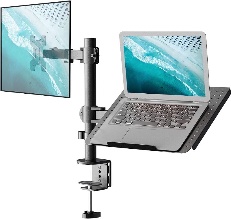 Photo 1 of WALI Laptop and Monitor Mount Stand, Single Monitor Desk Mount with Tray for 1 Laptop Notebook up to 17 inch and 1 LCD Monitor Mount up to 27 inch, Weight up to 22lbs (M001LP), Black
