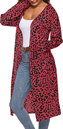 Photo 1 of Fall Cardigans for Women Leopard Print Open Front Lightweight Duster Long Coat Burgundy Xl