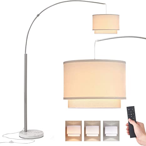 Photo 1 of Arc Floor Lamps for Living Room with Remote - Tall Dimmable Arch Floor Lamp with Unique Hanging Double Drum Shade & Marble Base, Modern Corner Light for Bedroom Dining Room Reading (LED Bulb Included)