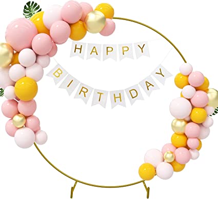 Photo 1 of 7.2 FT Gold Round Backdrop Stand Metal Balloon Arch Circle Wedding Arch Frame for Birthday Party Anniversary Baby Shower Ceremony Thanksgiving New Year Decoration Background