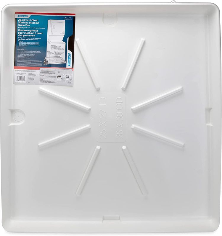 Photo 1 of Camco Washing Machine Drain Pan for Stackable Units with PVC Fitting - Collects Water Leakage and Prevents Floor Damage - White (21006)
