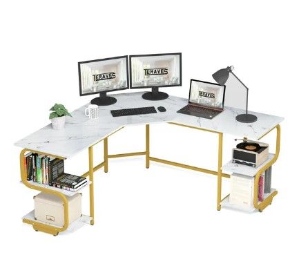 Photo 1 of Teraves L-Shaped Computer Desk with Bookshelves, Large Corner Desk Home Office Workstation Study Writing Desk PC Laptop Table with Storage, White with Gold Frame
