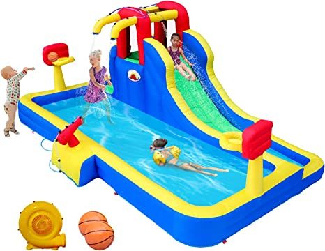 Photo 1 of WELLFUNTIME Inflatable Water Park with Blower, Slide with Water Cannon and Double Basketball Rings
