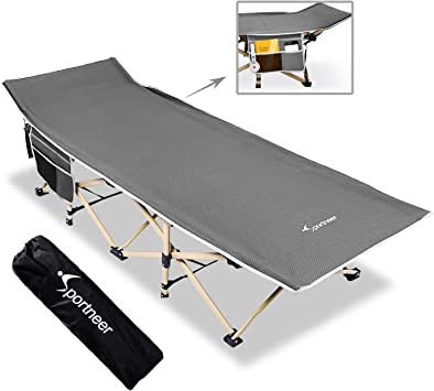 Photo 1 of Camping Cot, Sportneer Cot Sleeping Cot Max Load 450 LBS 2 Side Large Pockets Portable Folding Camp Cots Wide Cot Bed with Carry Bag for Adults Kids Teen Tent Camping Beach BBQ Hiking Office
