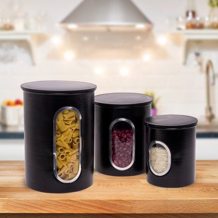 Photo 1 of Mindful Design 3 Piece Nesting Kitchen Canister Set - Stainless Steel Modern Storage Containers with Clear View Window (Black)
