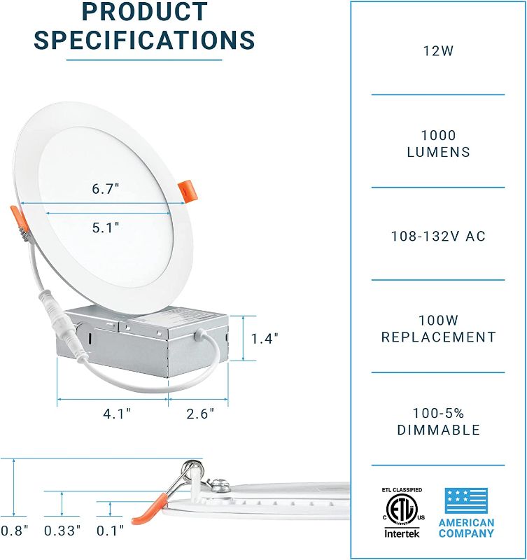 Photo 1 of 6 Inch Ultra-Thin LED Recessed Ceiling Light with Junction Box, 12W, Dimmable Canless Wafer Slim Panel 6PK