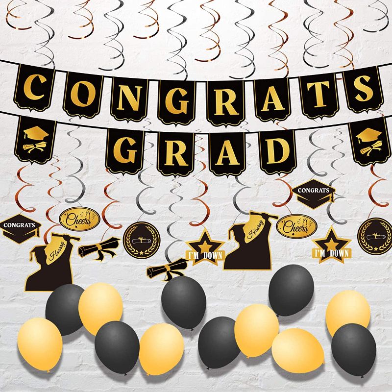 Photo 1 of 12 Pcs Gold and Black Graduation Balloons, 24 Pcs Hanging Swirls Strings and Graduation Cards 2022, 1 Pcs Congrats Grad Graduation Banner Backdrop, Graduation Party Supplies 2022 Decorations Gifts
